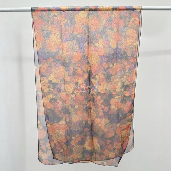 Vintage Floral Silk Scarf Made In France Sheer Lightweight Orange & Purple - Picture 4 of 5